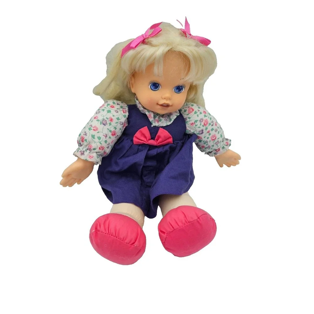 Vintage Plush Baby Doll Blonde Hair Blue Eyes Pink Shoes Floral Dress Toy